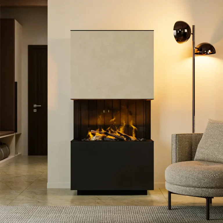 elektrischer Kamin, Frontansicht - Pietra di Osso Neolith - Vulkanschwarz