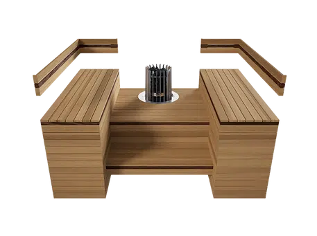 Beispielbild der Liegezonen nach traditionell finnischem Layout, maßgefertigte Sauna für Zuhause, Frontansicht von schräg oben