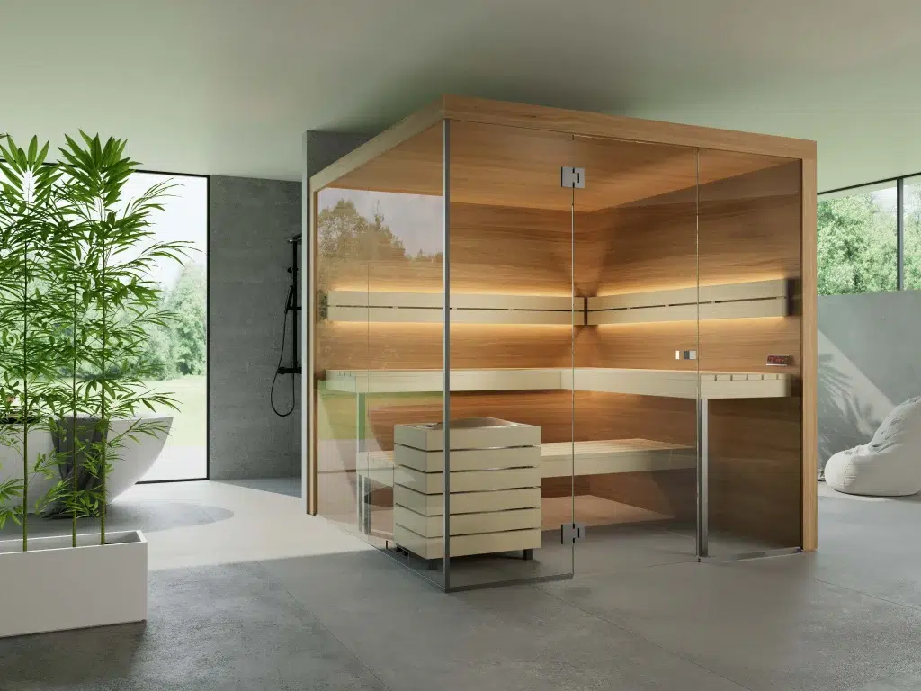 Indoorsauna Prime Selection, individuelle Konfiguration, Aufnahme schräg links von vorne, Art of Spa, Einbausauna in großem Bad