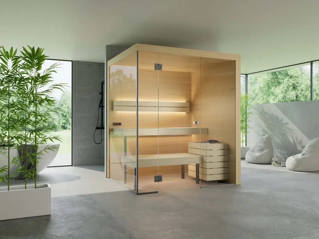 personalisierte Indoorsauna Prime Selection, Ansicht von vorne, schlichtes Design, helles Holz