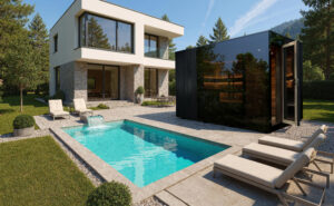 Gartensauna Prestige mit Vorraum am Schwimmbad, HPL-Fassade und Privacy-Black-Verglasung