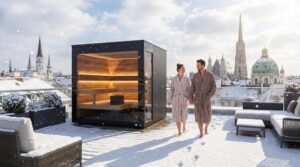 Gartensauna Prestige auf einer Dachterrasse im Winter, HPL-Fassade