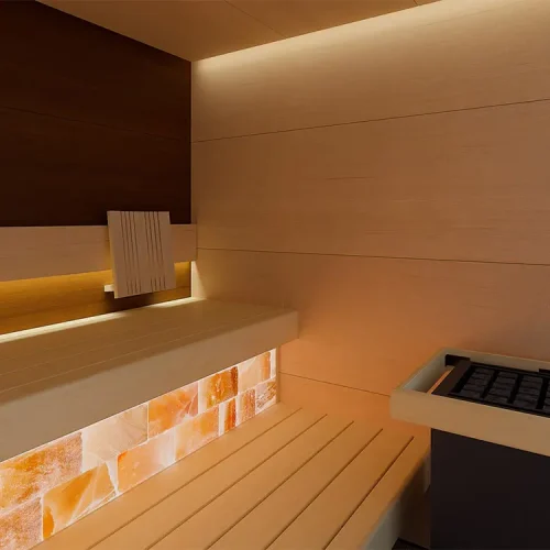 Sauna mit Salzsteinwand Innenansicht